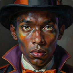 baroque neoclassicist close - up portrait of a dark and colorful retrofuturistic magician gazing intensely with big eyes. iridescent and reflective texture. highly detailed science fiction painting by norman rockwell, frank frazetta, and syd mead. rich colors, high contrast, gloomy atmosphere. trending on artstation and behance.