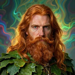 masterpiece portrait of old sylvan green man with long auburn hair and beard, kind eyes, wearing a leaf cloak, hyper realistic face, volumetric lighting, fantasy art, psychedelic, in the style of greg rutkowski, donato giancola, tom bagshaw, intricate, hyper detailed, smooth, vibrant aura