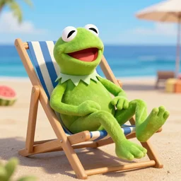 kermit the frog relaxing in a beach chair