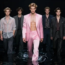 sam hyde wearing pink luxurious suit emerging from deep black water in cyberpunk theme by greg rutkowski, claude monet, conrad roset, takato yomamoto, rule of thirds, sigma look, gigachad, beautiful