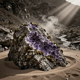 stunning, beautiful, mountainous, rock, sand, smoke, amethyst, moss, stream, sepia highlights, high contrast, textured, light rays, hdr, 8 k, intricate, canon 5 5 0 d