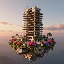 unfinished building by neil blevins, postcyberpunk architecture island flowers sunset nature, archdaily, wallpaper, highly detailed, trending on artstation.