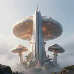 futuristic skyscraper in the shape of a mushroom from a foggy ground. 3 d, maia, unreal engine, fantastical, elaborate, dynamic light, detailed digital art trending in artstation
