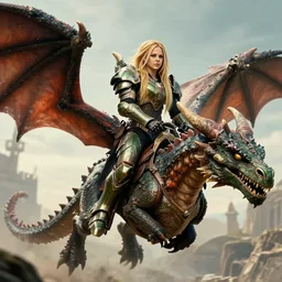 photograph of avril lavigne riding a dragon in halo spartan armor, high medieval fantasy, full color digital art, cinematic shot, portrait, wide shot.