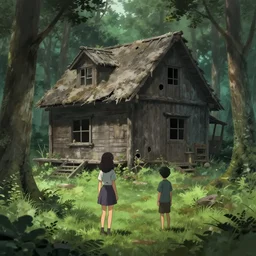 a girl and his brother that is lost in the middle of a forest, infront of them is a mysterious dirty dusty cabin wooden house, anime style