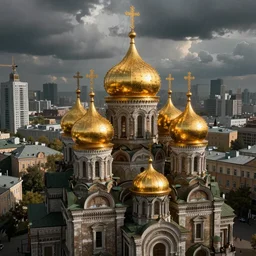 dystopian russian cityscapes, golden domes, 8k, hyperrealistic, ultra sharp, octane render, unreal engine, light breaks through the roofs, artstation, very detailed, 16k, cinematic scenery,