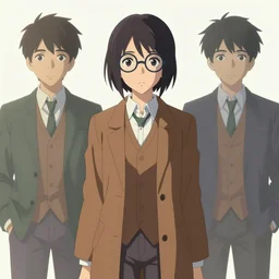 concept art, style makoto shinkai, kilian eng, ayami kojima, face, girl, brown suit vest, longcoat, glasses, short hair, front view, highly detailed, digital art, boy hair