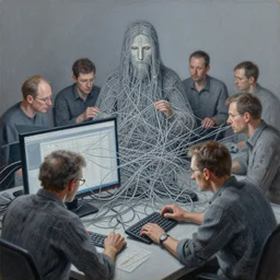 photo of a programmer composed of wires, web of wires, at the monitor, gray gamma, gray wires, mid shot, norman rockwell, tim hildebrandt, viktor safonkin, dariusz zawadzki, bruce pennington, larry elmore, russians weave a web of wires, calculating god, intricate details, hyperrealistic oil painting on canvas, deep depth field