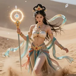 a beautiful female human god of sandstorm character, character is in all its glory, character is centered on the image, character is holding magic weapon, rim lights, highly detailed professional photo, dynamic lights, particles and crystals are flying, very deep depth of field, trending on artstation, illustration, hyper realistic, vray caustics, super detailed, colorful accents, cinematic shot