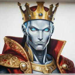 beautifully painted mural of a cyborg king in ornate royal fabric, piercing glowing eyes, sci fi scenery, vogue cover poses, mural in the style of sandro botticelli, caravaggio, albrecth durer