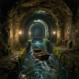 inside the ancient flooded sewers in the old part of the city. fantasy art, underground, adventure, wet, standing water, channel, canal, boat with lamp, running water, stream, channel, musty, moss, sewage, darkness, underground, abandoned spaces, torchlight. by piranesi