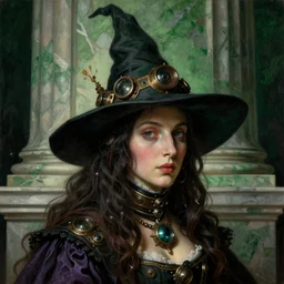 a baroque neoclassicist close - up portrait of a steampunk witch, head and shoulders, large marble architecture in background. deep green and purple. renaissance portrait painting. highly detailed science fiction painting by norman rockwell, frank frazetta, and syd mead. rich colors, high contrast, gloomy atmosphere, dark background. trending on artstation
