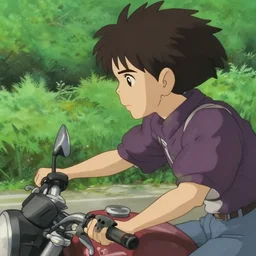 a film closeup still of a person riding a motorcycle on a road near a forest, delicate features finely detailed perfect art, green field, gapmoe yandere grimdark, trending on pixiv fanbox, painted by greg rutkowski makoto shinkai takashi takeuchi studio ghibli, cinematic composition