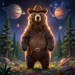 psychedelic, trippy, cowboy, pine forest, bear, planets, milky way, cartoon by rob gonsalves