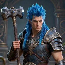 will to win, male portrait, warrior, azure. detailed hair, fractal hammer, intricate environment, fantasy art by ilya kuvshinov, peter mohrbacher, greg rutkowski, rossdraws, craig mullins, thomas kinkade, victo ngai. unreal engine 5 highly detailed, blender, octane, ray tracing. sharp focus, masterpiece, post processing