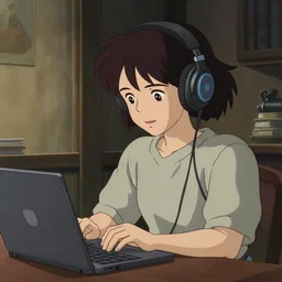 a japanese anime traditional lo - fi girl in her room wearing headphones and working in her laptop loop, moody neutral hipster tones, joy gaze, cel - shaded, classical animation, cinematic, edge - to - edge print, rendered by studio ghibli, artgerm, alyssa monks, andreas rocha, david kassan, neil blevins