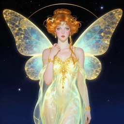 Diana argon as tinkerbell glowing, a beautiful art nouveau portrait by Gil elvgren and Hajime Sorayama, moonlit starry sky environment, centered composition, defined features, golden ratio, gold jewlery, sheer silk
