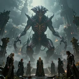 an eldritch god giant illithid descending upon a ruined beautiful and gloomy fantasy castle, photorealistic movie still by michael komarck, greg rutkowski, victo ngai, artgerm, willem claesz heda and j. dickenson