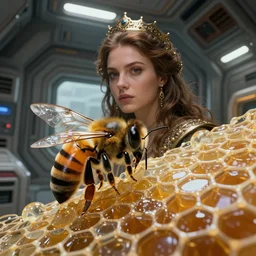 portrait of a women queen bee in midst of transparent clear see - through honeycombs. spaceship environment, dramatic lighting, ultra realistic, highly detailed, concept art, photorealistic, octane render, 8 k, unreal engine. art by gustave dore, art by boris vallejo, art by julie bell, art by christopher marley, art by artgerm