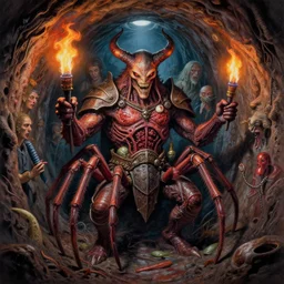 airbrush drawing macro packed with filth, sewer tunnel baphomet brazilian spider orcus hybrid, full bodied premiered, random animal | viscera as god |, carapace armor, claustrophobically crowded into a deep in sewer terrifying tunnel, chris foss, enric torres, wayne d barlowe, geof darrow, alberto bontempi, feng zu hyper realism, torch