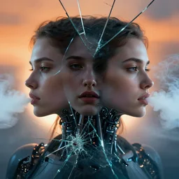 symmetry closeup portrait of a cyborg girl, shattered glass, cinematic light, backlight, orange sky blue, misty, vape, by mikhail vrubel, by philippe druillet, by peter elson, by gerald brom, muted colors, ( ( extreme detail ) ), trending on artstation, 8 k