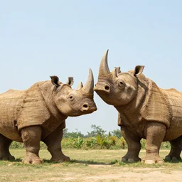 Giant straw sculpture of two rhinos fighting