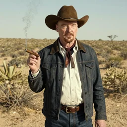 walter white wearing a cowboy outfit and smoking a cigar in a desert full of bushes