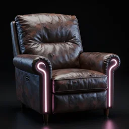 a comfortable leather armchair with neon light corners, intricate details, black background, octane render