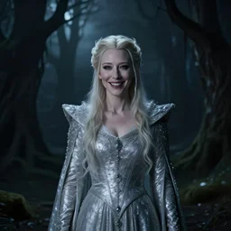 portrait of mischievous, baleful young, smiling (Cate Blanchett) as Galadriel as a queen of fairies, dressed in a beautiful silver dress. The background is a dark, creepy eastern europen forrest.  night, horroristic shadows, high contrasts, lumnious,  photorealistic, dreamlike, (mist filters), theatrical, character concept art by ruan jia, John Anster Fitzgerald, thomas kinkade, and J.Dickenson, trending on Artstation