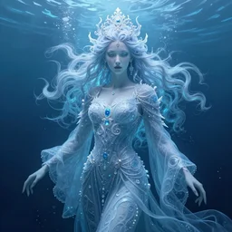hyperdetailed underwater portrait of an ice spirit in a robe. by greg rutkowski, highly detailed, digital painting, artstation, smooth, sharp focus illustration, artstation hq. intricate, elegant. art by wlop and artgerm and greg rutkowski, alphonse mucha, medium shot. dan mumford, tomokazu matsuyama, takato yamamoto
