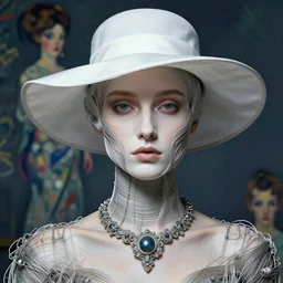 a beautiful futuristic portrait with hat made by wires and white silk twisted around her face, necklace made by wires, design by leonardo davinci, inspired by egon schiele, modern art, baroque art jewelry, new classic, hyper realistic, cinematic composition, cinematic lighting, fashion design, concept art, hdri, 4 k -