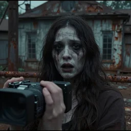 photo of a ghost woman, highly detailed environment, detailed face, slight focus on face, haunted building, found footage, low quality camera, dark colors, industrial setting, rusty, lost footage, disturbing, horror, fear, bad camera, old footage, hyperrealism, movie, movie screengrab, body horror, omnious, scary face