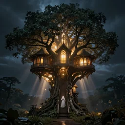 astral treehouse temple, peter mohrbacher, alena aenami, dark fantasy, radiant lighting, cinematic, artstation