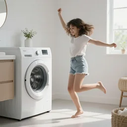 Washing Machine dancing to music in the bathroom, 8k, raytracing
