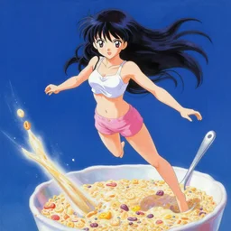oil painting, yoji shinakawa, studio gainax, y2k design, anime girl floating in cereal, dramatic lighting, vivid colors, vivid imagery