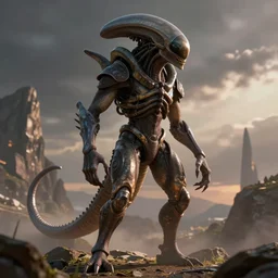 a semi-humanoid alien creature that has armor-like shell on it's arms and feet, digital art