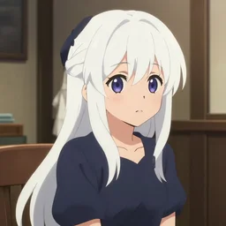 high quality anime visual of a cute girl with white hair in her room interior, by makoto shinkai, crunchyroll, pixiv, danbooru, hd, detailed, cel shaded, digital art, lighting