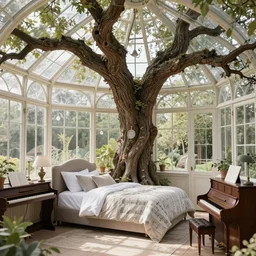 a musical-themed bedroom in a victorian greenhouse treehouse. Pianos and instruments are in the bedroom. Tree branches and archways. The bedroom is built in a giant oak tree, ornate, beautiful, atmosphere, vibe, flowers, concept art illustration, Greg rutowski, volumetric lighting, detailed