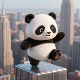 A cute  Panda toy  jumping off a skyscraper  in NYC, hyperrealistic, highly detailed, depth of field, High definition, 8k,  octane render, artstation