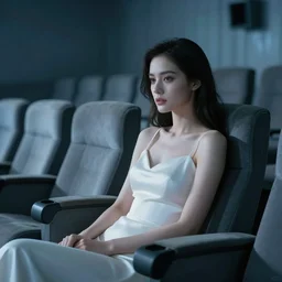 cinestill 5 0 d wide photo portrait of a beautiful woman sitting in a dystopian abandoned cinema by adler, wearing white dress, elegant, highly detailed, pale blue tonal glossy, soft blur, artstation, sharp focus, head in focus,