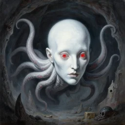painting by greg rutkowski of a flying chalk white human face!!!, with tentacles coming of the neck, red eyes, flying in a terrying hell like cavernous place