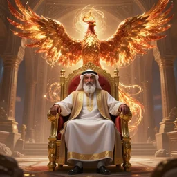 arabian hasan - i sabbah old man on throne chair rising as a phenix + epic wide scene, cinematic lighting, artgerm, artstation, deviantart, 8 k, high detailed