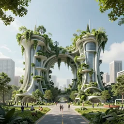 biophilic architecture, utopian structures, hyper real, photographic, urban green, trending on artstation