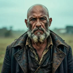 an award winning outdoors portrait photo of a bald, dirty, old, head shaven french chubby 1 7 0 0 s dirty caribbean olive tanned pirate with shaved head and curly grey dirty beard, crooked big stern face, blue eyes, wearing a big coat, daybreak, teal movie color graded