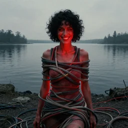 evil smile, shore of the lake, woman, wrapped around by tubes and cables, short black curly hair, glowing red, by edgar maxence and ross tran, zdzisław beksinski, and michael whelan, distant, gustav dore, h. r. giger, 8 k, octane render