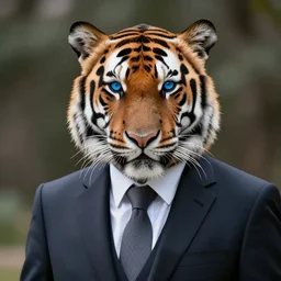 high quality portrait photo of an tiger dressed in a dark business suit, Anthropomorphic portrait, photography 4k, f1.8 bokeh, 4k, 85mm lens, sharp blue eyes, looking at camera