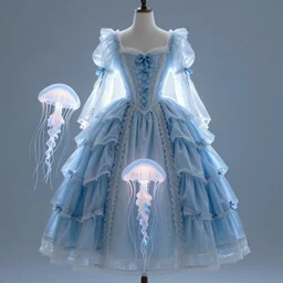 blue dress design in the style of baroque，Victorian era，jellyfish element，dreamy, soft ,Backlight ,luminescence，in the style of Aetherpunk,highly detailed,8k