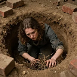 an anxious woman crawling out of a hole, roots grabbing at her, surrounded by bricks, by jan van eyck