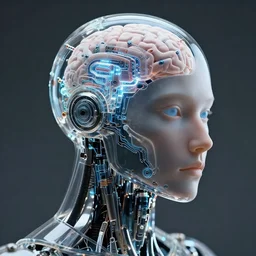 headshot of humanoid robot from ex machina, cyborg implants, electronic brain, glowing circuitry, highly detailed, intricate and elegant, cinematic lighting, glass, transparency, jean - baptiste monge, greg rutkowski, moebius