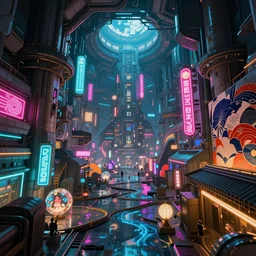 An ultra high-resolution 8K full-canvas scan of a underground scifi world with neon lights, fine art, trending, featured, 8k, photorealistic, dynamic, energetic, lively perspective, well-designed masterpiece, hyper detailed, unreal engine 5, IMAX quality, cinematic, epic lighting, light and shadow, ocean caustics, digital painting overlaid with aizome patterns, by Ohara Koson and Thomas Kinkade, traditional Japanese colors, superior quality